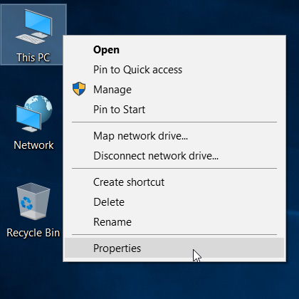 کلیک راست بر روی This PC و انتخاب گزینه Properties